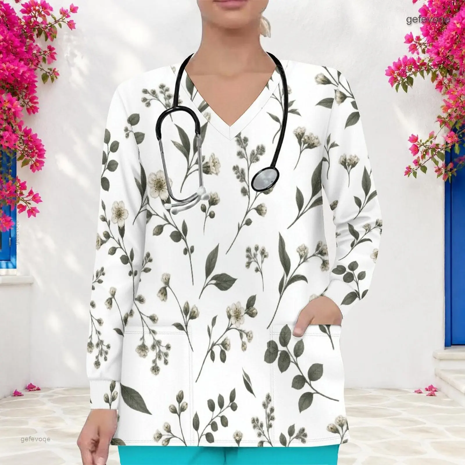Women White Floral Leaf Print V Neck Long Sleeve Scrub Top with Front Pockets
