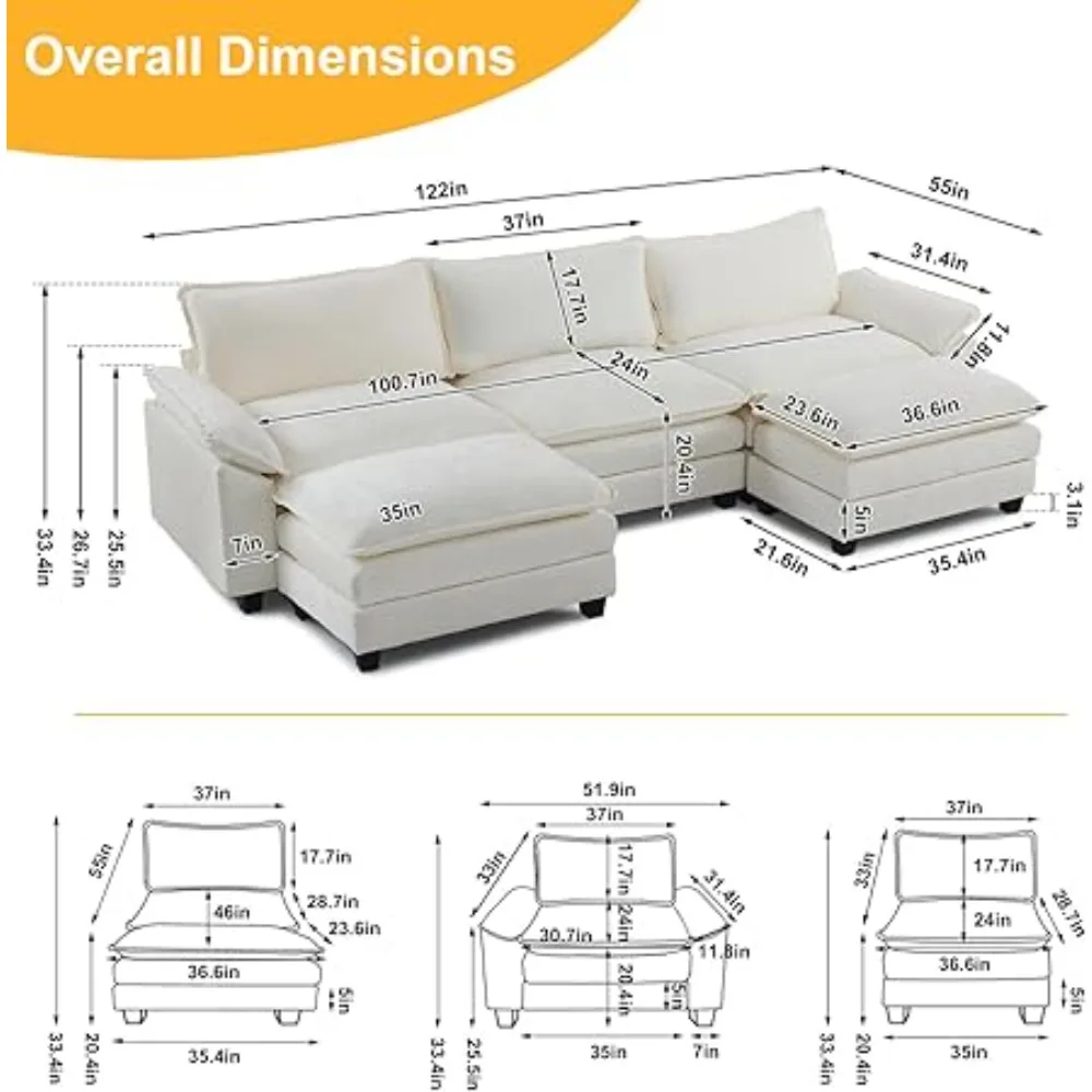 Sectional Sofa Modular Deep Seat Sofa Couch Chenille Sofa Sleeper Comfy Upholstered Furniture(3-Seat & 2-Ottoman,Color optional)