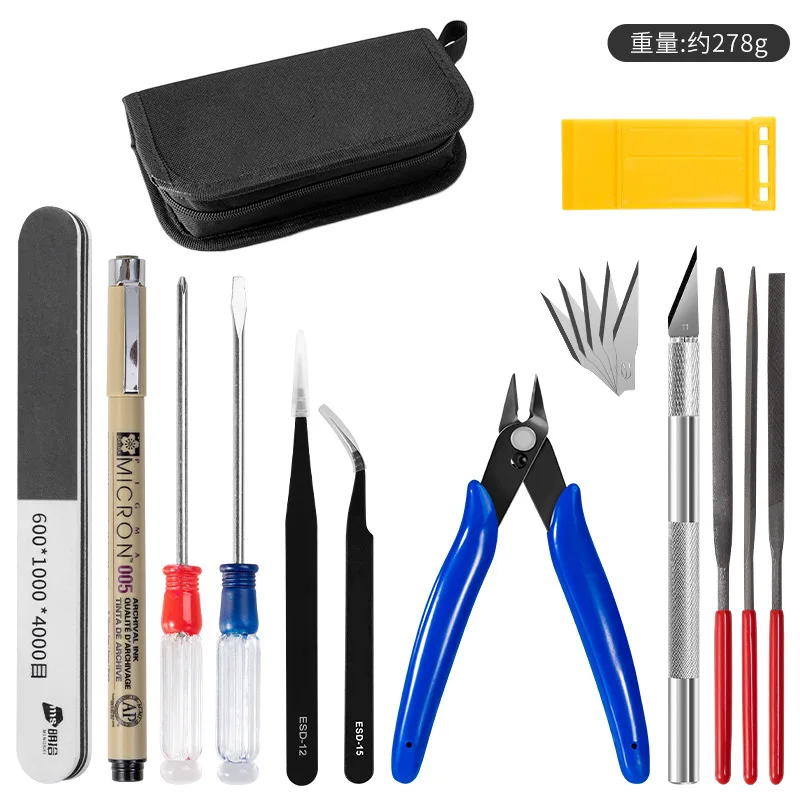 14-Piece for Gundam Model Tool Set - Side Cutter, Hobby Knife, Tweezers, File Set & Sanding Blocks in Portable Carry Bag