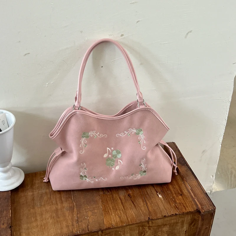 Koreanische Umhängetasche mit Kordelzug, ethnische Blumen- und Musiknoten-Stickerei, große Handtasche für Damen, Vintage-Handtasche für den Winter. – Detail 18
