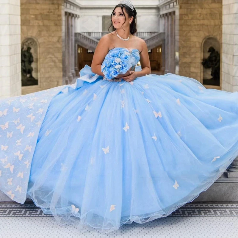 تخصيص الأزرق ثلاثية الأبعاد فراشة قبالة الكتف مشد Quinceanera فستان الكرة ثوب القوس زين الحلو 16 Vestidos De 15 Años YQD298