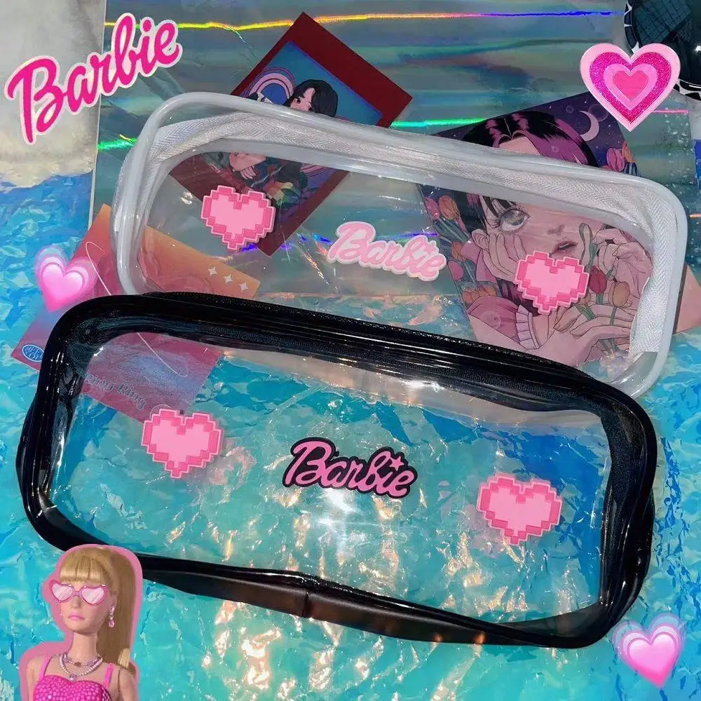 New Kawaii Barbie Transparent Pencil Bag Anime Fashion Students Large Capacity Pvc Stationery Case Pen Box Makeup Storage Pouch