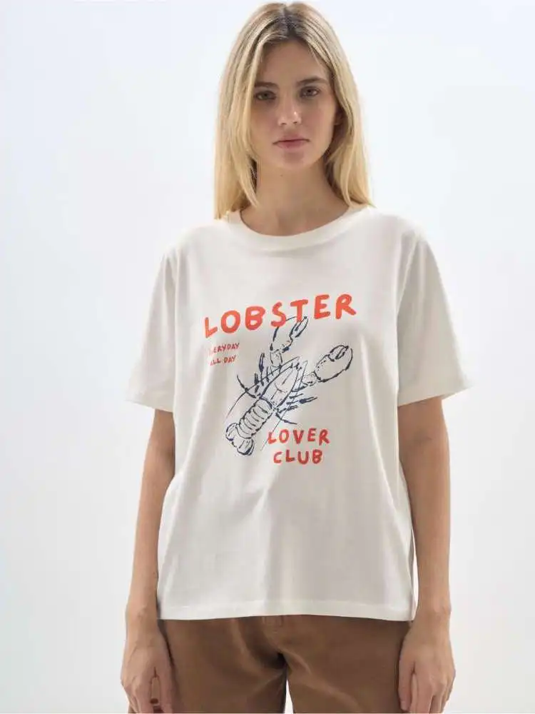 Retro American Vintage Summer Ocean Style Lobster Print Spicy Girl Loose Pure Cotton Short Sleeve T-Shirt Women's Trendy