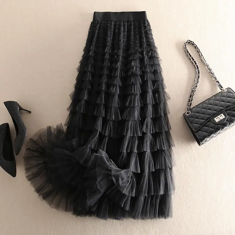 Summer Women's Long Cake Skirt High Waist Me Splicing Slimming Midi Skirt Korean Sle Wave Pattern  Color