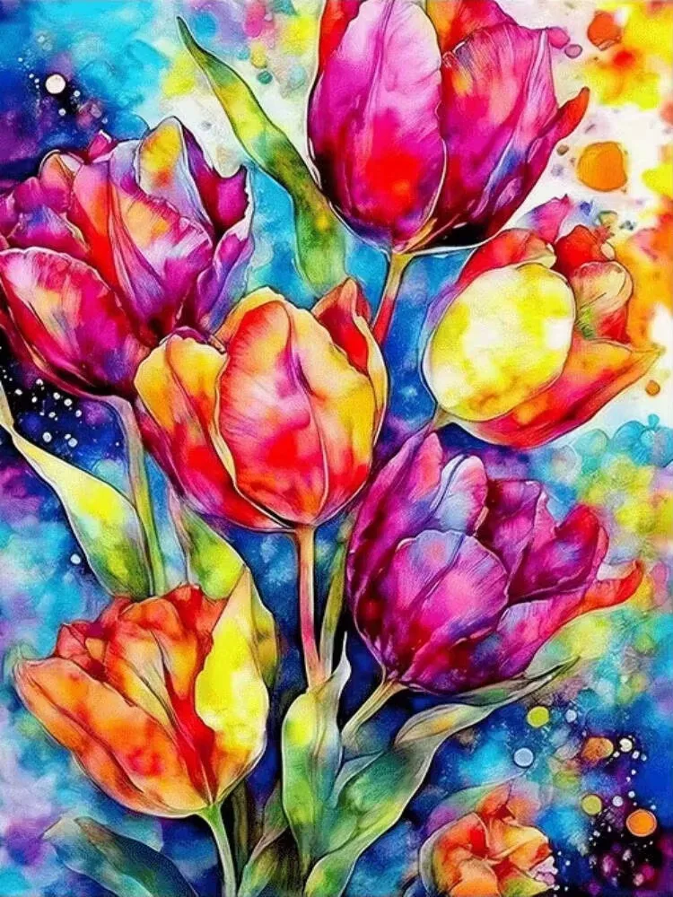 DIY Diamond Painting Colorful Watercolor Tulip Floral Picture, Handmade Wall Art Ideal Holiday Gift For Home Decoration