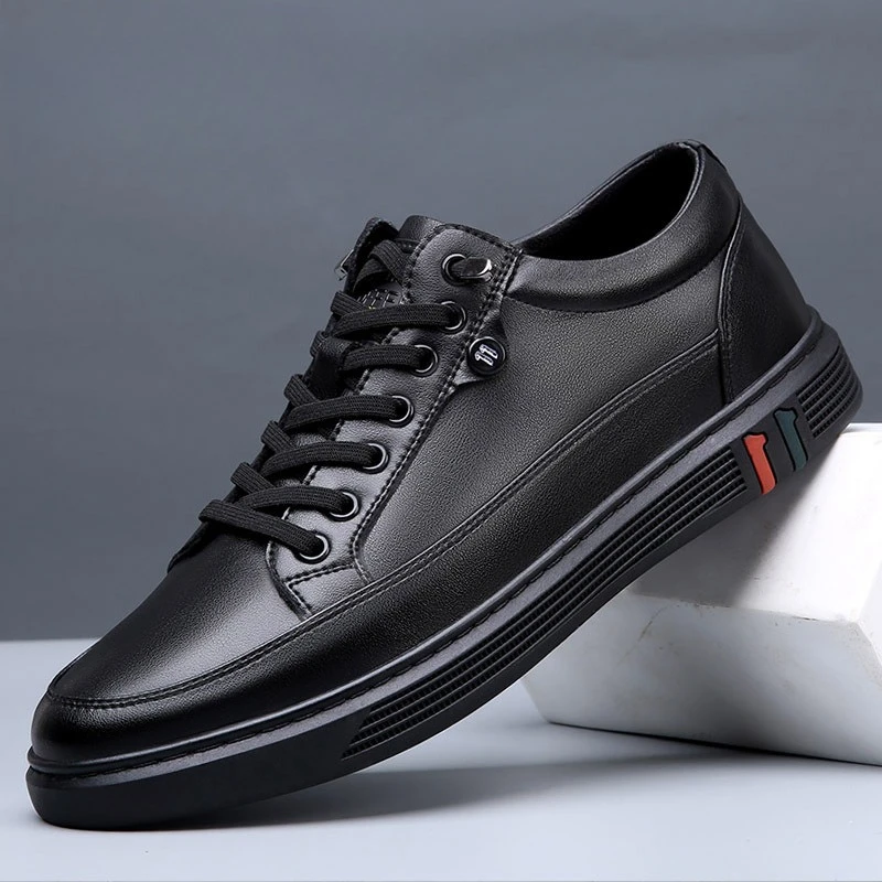 Shoes for Men Genuine Leather Casual Shoes Spring Autumn Cool Black Flat Skateboard Shoes Youth Fashion Slip-on Sneakers