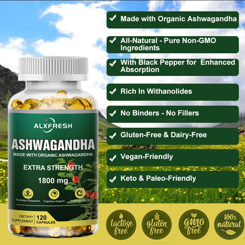 Alxfresh Pure Organic Ashwagandha Extract Capsule 1800mg| Potent Concentrated Extract | Maximum Strength Formula | Non-GMO Vegan