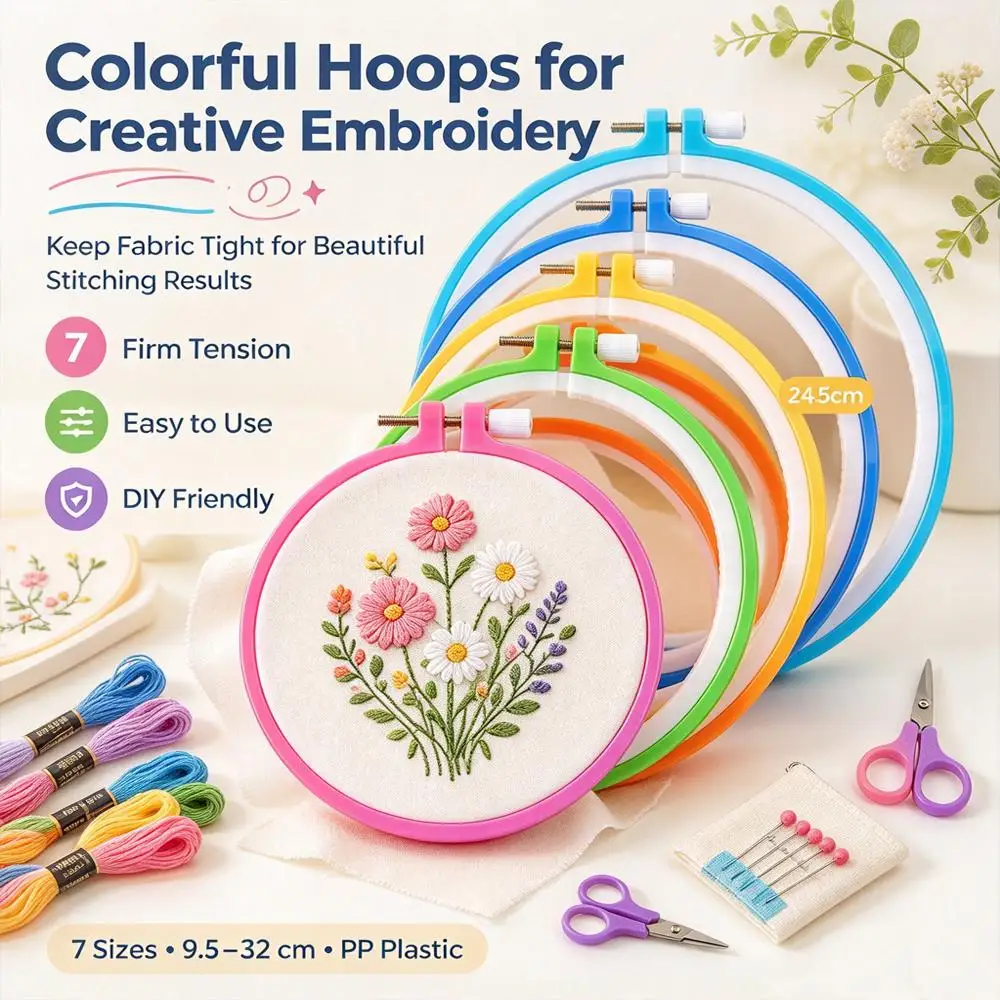 1/2/3Pcs Plastic Embroidery Hoops 9.5cm-32cm, Adjustable Cross Stitch Rings Frame, DIY Round Loop Sewing Tools