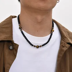 Casual Black Brown Beaded Necklaces for Men Boys,Summer Beach Tiger Eye Stone Beads Collar,Waterproof Swimming Jewelry