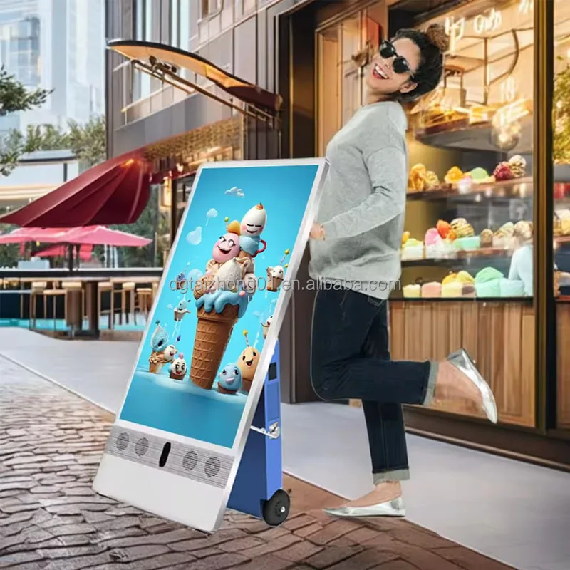 Movable Battery Powered Digital Poster 32/43 Inch Outdoor Touch Lcd Portable With Wheels Advertising Charging Signage