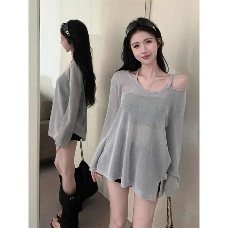 Nueva blusa holgada de verano, camiseta de manga larga de estilo coreano con abertura fina de seda helada