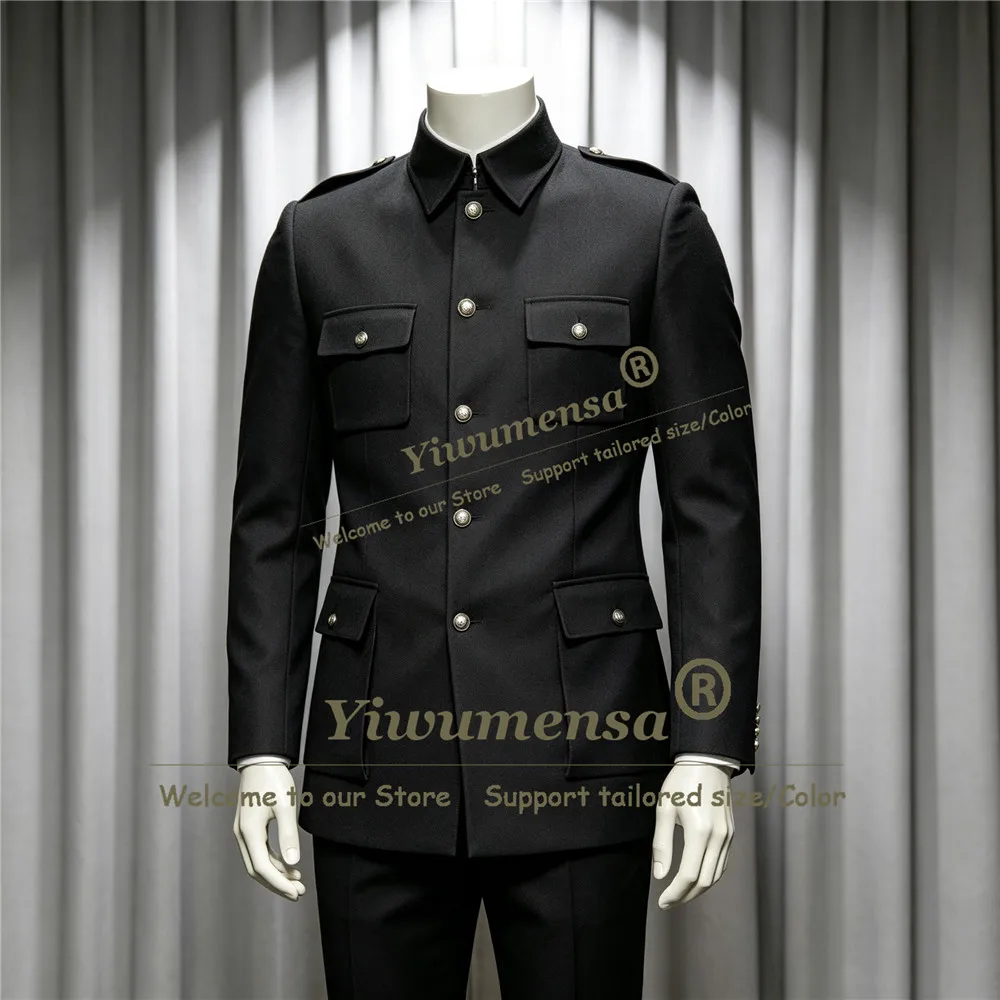 Classic Business Suit Men Slim Fit Stand Color Jacket With Pants 2 Piece Sets Safari Style Groom Dinner Party Tuxedo Male Outfit
