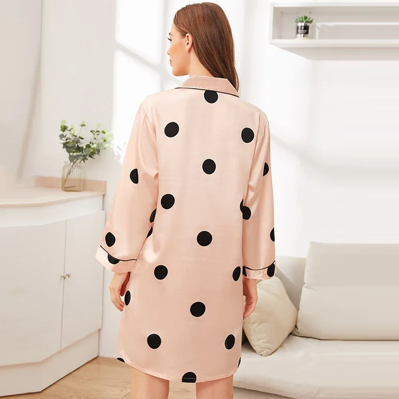 Polka Dot Printed Women's Home Clothing New Ice Silk Pajamas Female Long Sleeved Top Casual Cardigan Button Nightdress for Lady