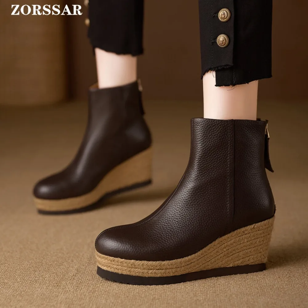 

2025 New Cow Leather Platform Ankle Boots Women Fashion Wedge Shoes Autumn Women Wedges Bootie Shoes Warm Women Modern Boots