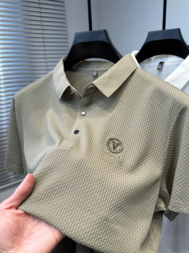 مصمم الراقية العلامة التجارية قصيرة الأكمام قميص بولو الرجال الصيف عالية الجودة الحرير الجليد مريحة للتنفس عارضة التلبيب تي شيرت #2