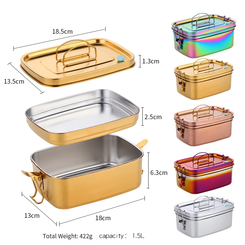 1.5L 304 Stainless Steel Lunch Box Double Layers Bento Food Container Snack Storage Thermal Metal Box Stock Dinnerware