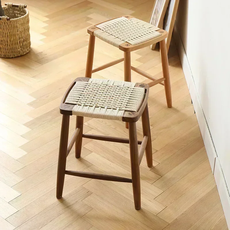 Rattan Solid Wood Stool Nordic Stool Japanese Style Shoe Seat Hand -woven Stool Home Use