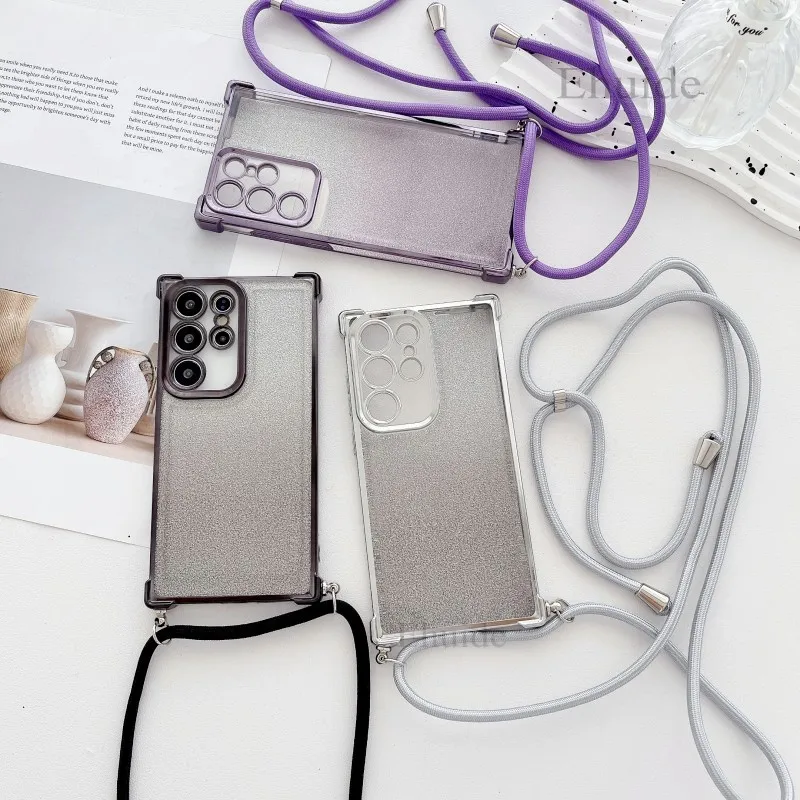 Strap Plating Case For Samsung Galaxy S24 Ultra S23 Plus S22 S21 S20 FE Note 20 Glitter Shockproof Clear Crossbody Lanyard Cover