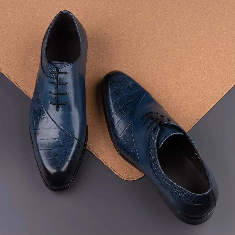 New Style Oxfords Men Shoes Top Layer Cowhide Leather Handmade Luxury Retro Blue Designer Business Office Wedding Male\'s Shoe CN