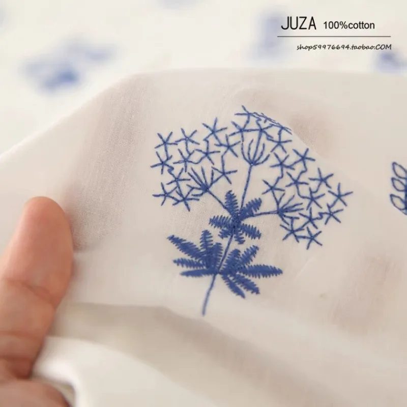 150x50cm Blue Small Leaf Embroidered Fabric, White Poplin Embroidered Fabric 2022 Clothing Fabric Tablecloth Cloth