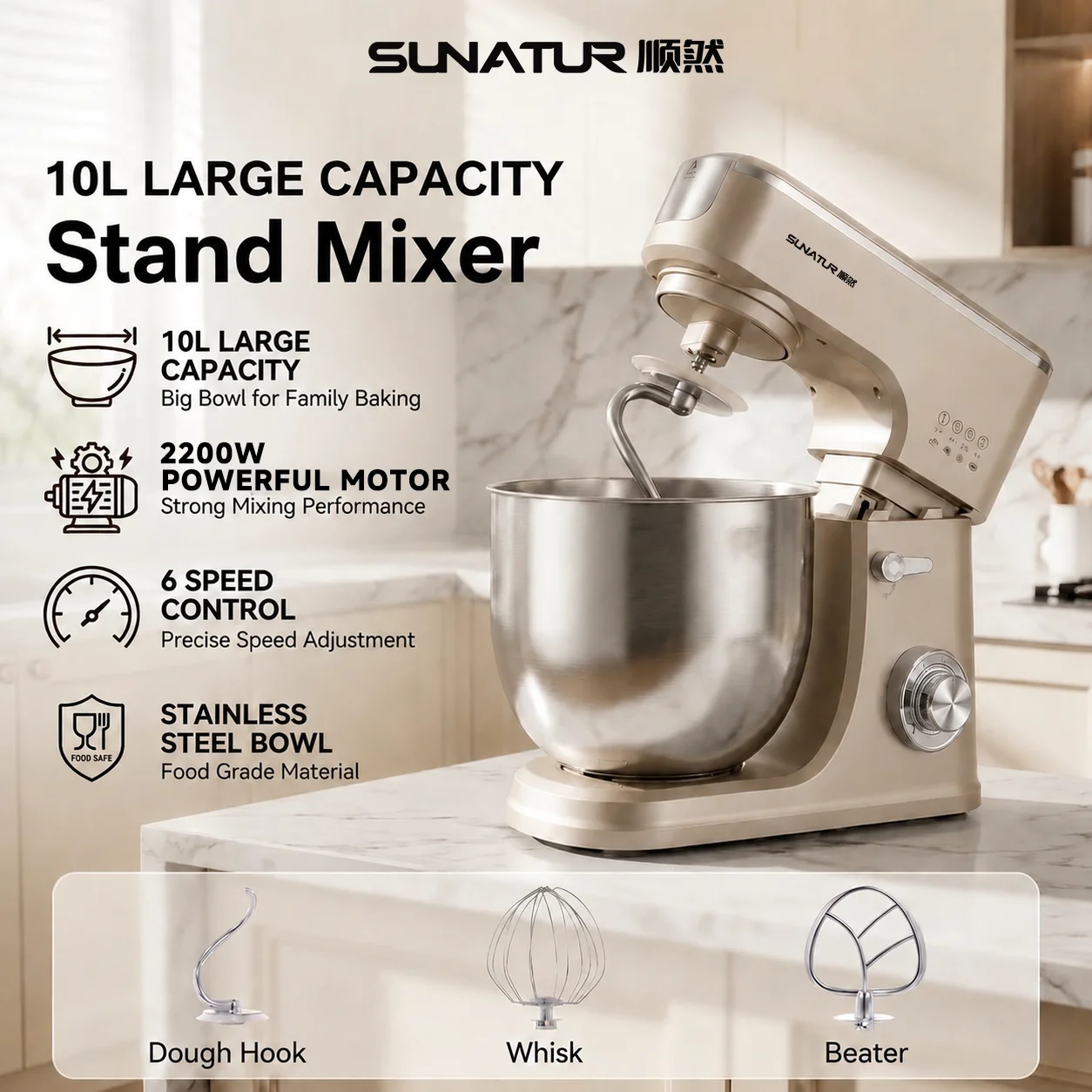 SUNATUR 10L Stand Mixer 2200W All-Metal Gear, Stainless Steel Bowl, 6 Speed Dough Kneader, Optional Fermentation Function