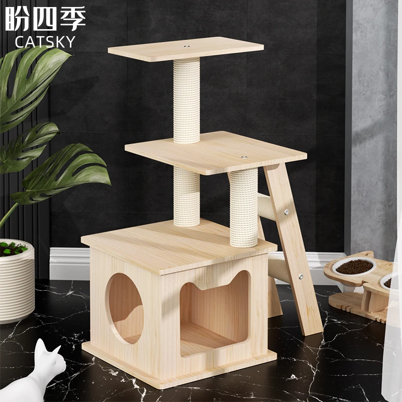 Self-Developed Wooden Cat Tree House Customized Luxury Floor To Ceiling Cat Climbing Tree Furniture Indoor Eco Friendly