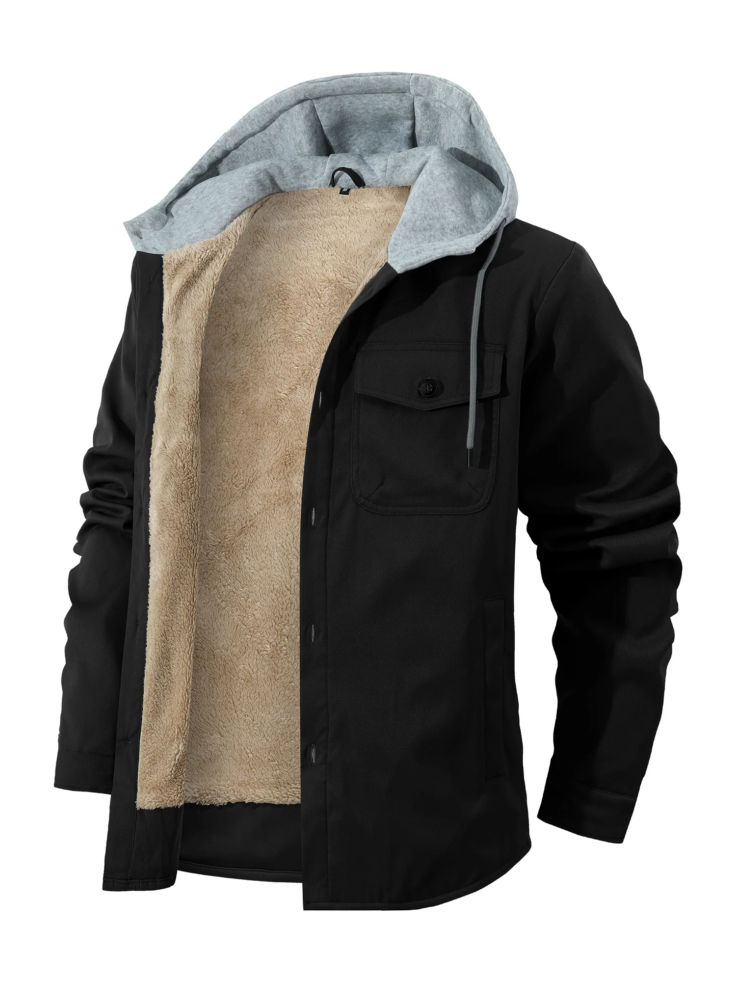 

Men's Fleece Lined Hooded Jacket with Multiple Pockets Multi Pocket Design Warmth Outdoor Casual Coat