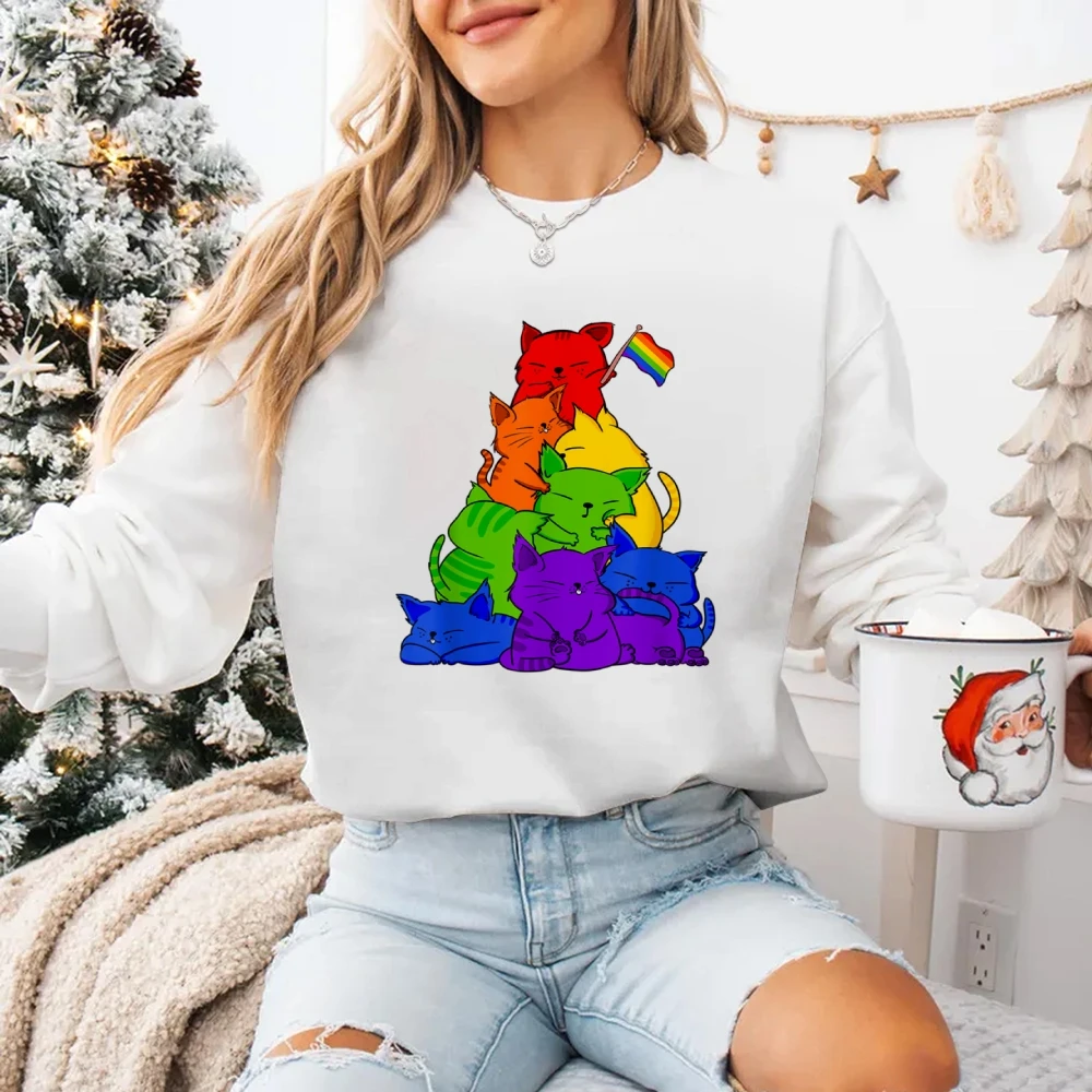 

Oversized Hoodie Stacked Cat Version Christmas Tree Print Colorful Christmas Cotton Sweatshirt Clothing Long Sleeved Shirts