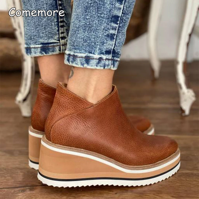 Comemore 2023 Basic High Wedges Solid Color Roound Toe Femsle Shoes Spring and Autumn Ladies Boots Non Slip Platform Women Pumps