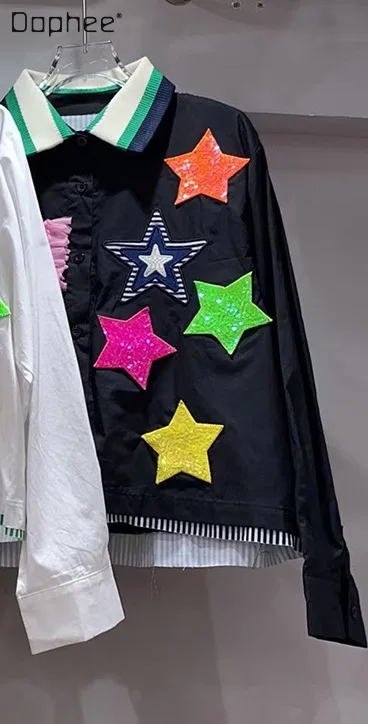 

Autumn Blouse Color Blocked Embroidery with Star Patterns Sweet Temperament Shirt Women Single-breasted Shirt Rose Red Top