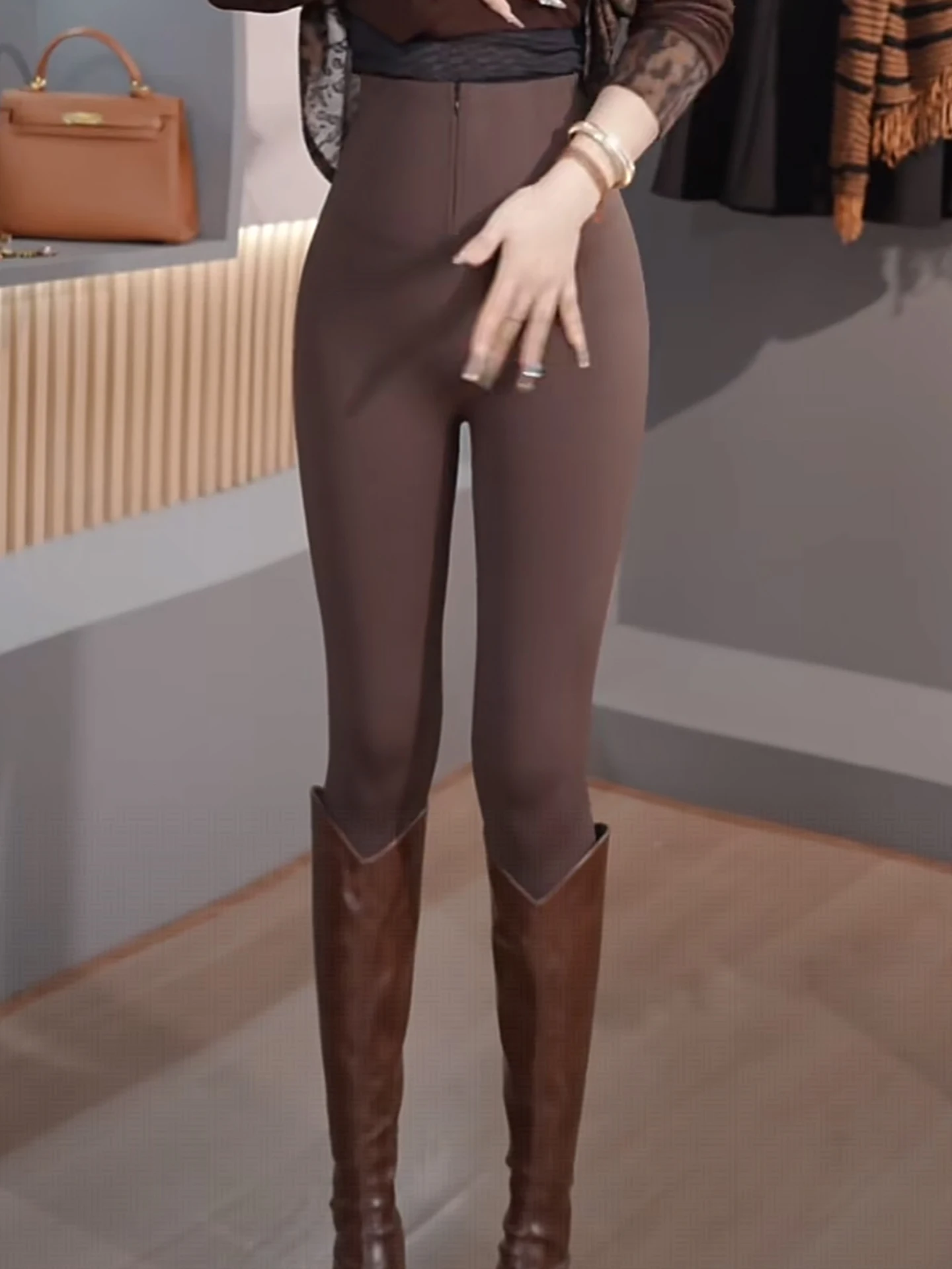 

Winter Thiened Fce Lined Yoga Pants High Waist Tight Fit Front Zipper Tummy Control Butt Lifting Nine Points Pants