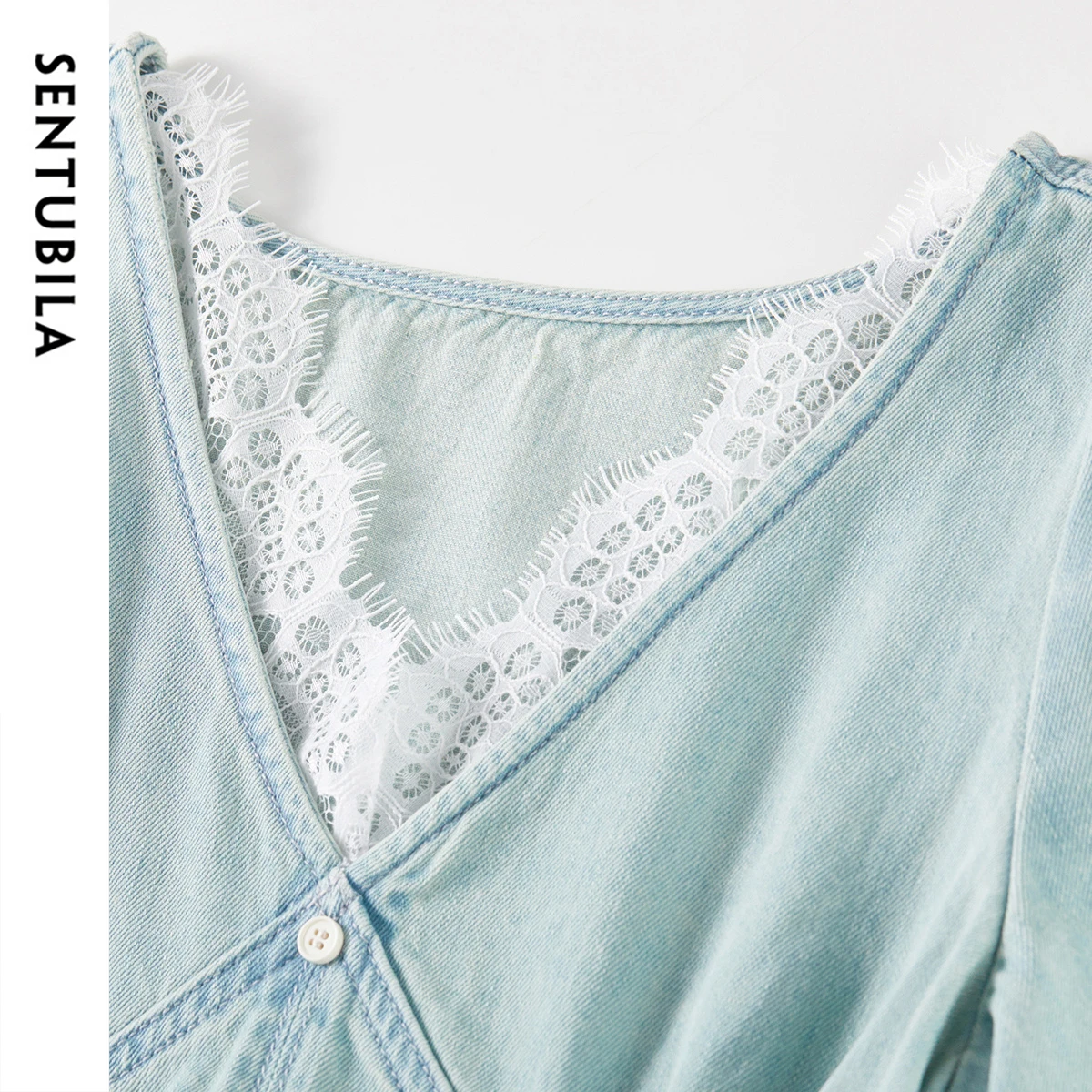 SENTUBILA Women's Summer Dresses 2025 Puff Sleeves V Neck Lace Splicing Denim A-Line Long Dress Commute Elegance Style W52LH0107
