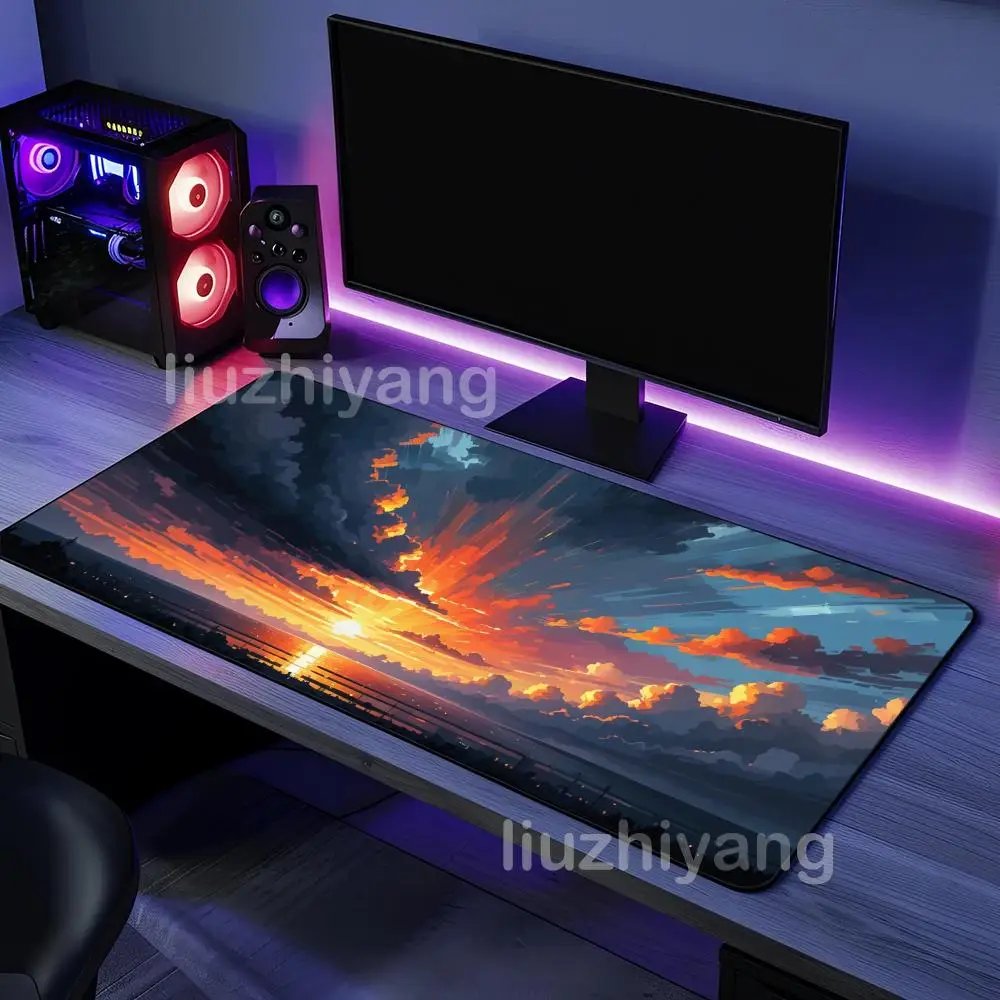 แผ่นรองเมาส์ลายภาพวาดพระอาทิตย์ตกดิน ขนาดใหญ่ สำหรับคอมพิวเตอร์ สำนักงาน เล่นเกม แผ่นรองโต๊ะ XXL ยางกันลื่น แผ่นรองคีย์บอร์ดและเมาส์สำหรับเล่นเกม แผ่นรองโต๊ะยาว