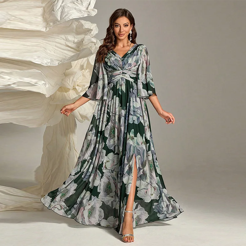 

Chiffon dress fashion ruffle edge printing banquet dress high-end temperament classic luxury women's clothing