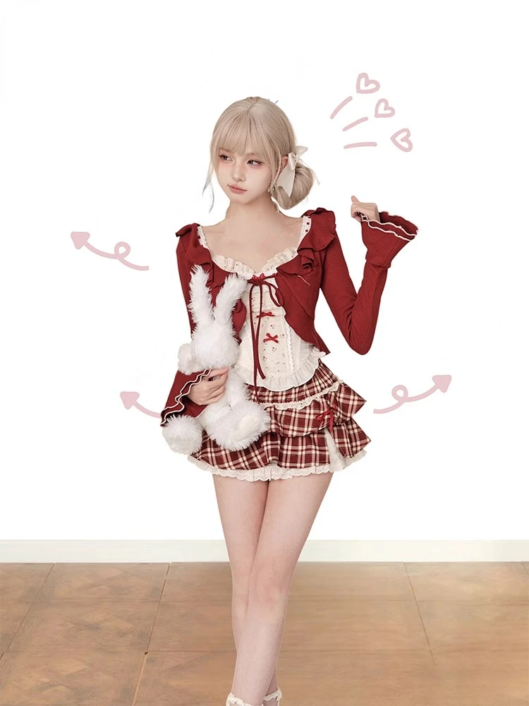 2024 Summer Japanese Sweet 3 Piece Set Outfits Women Causal Short Cardigan + Cute Lace Floral Bow Vest + Kawaii Plaid Mini Skirt