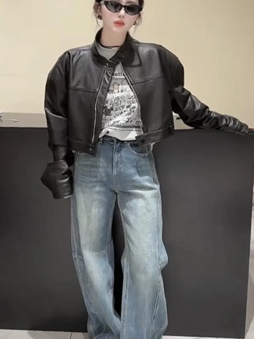 principios de primavera 2025 Retro Hong Kong Sle suelta motocicleta cuero genuino Jaet mujer ort abrigo cierre de cremallera largo Sve