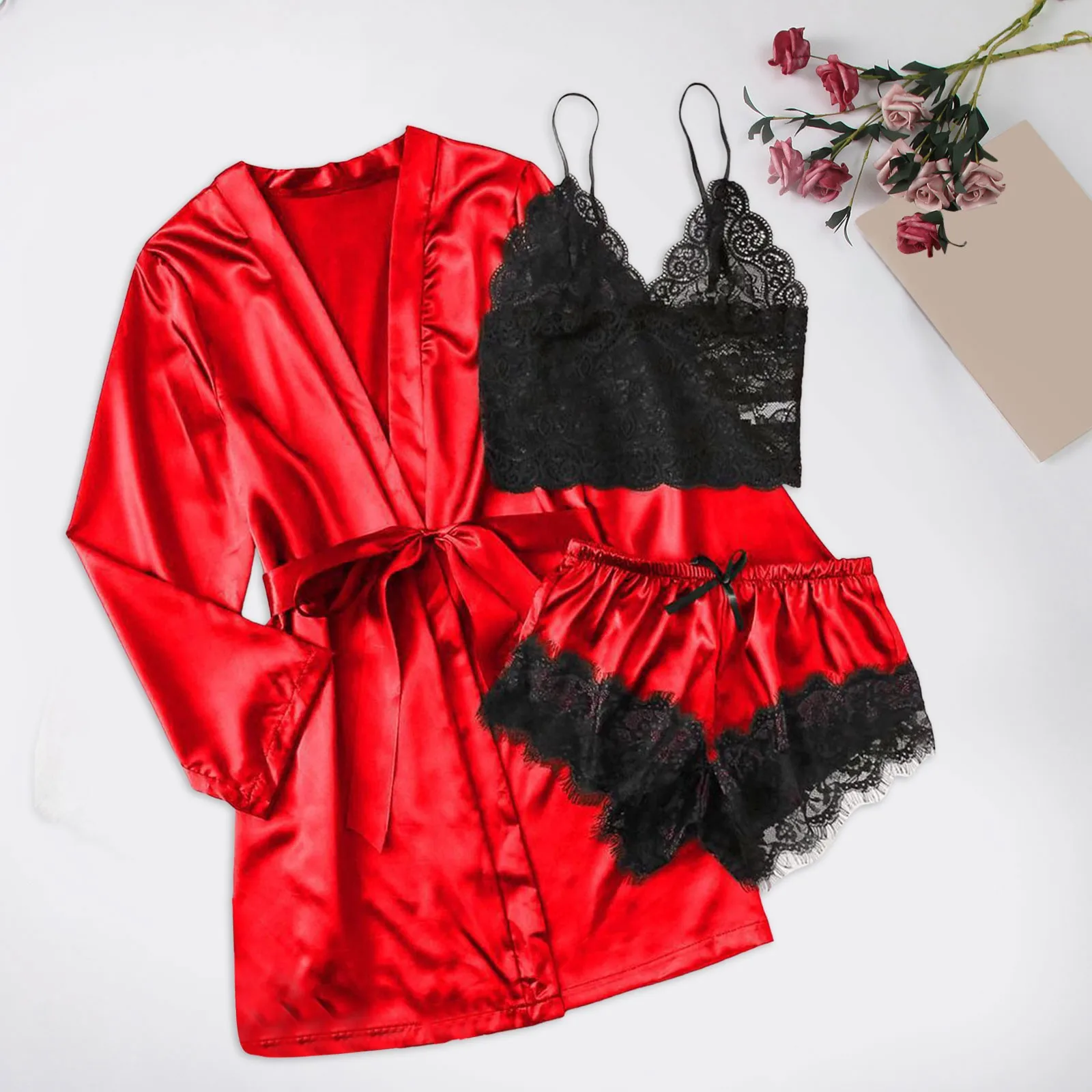 2024 Sexy Women\'s Pajamas Satin 3-piece Lace Silk Suspender Tops Shorts Robe Pajamas Set Nightgown Underwear Nightdress Suit