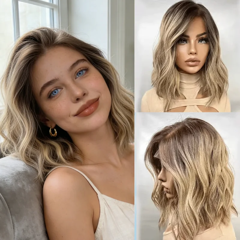 

Caramel Brown Blonde Synthetic Wig Bouncy Waves Natural Roots Hair-loss Alopecia Wig 13x4 Lace Frontal Wigs for Women Glueless