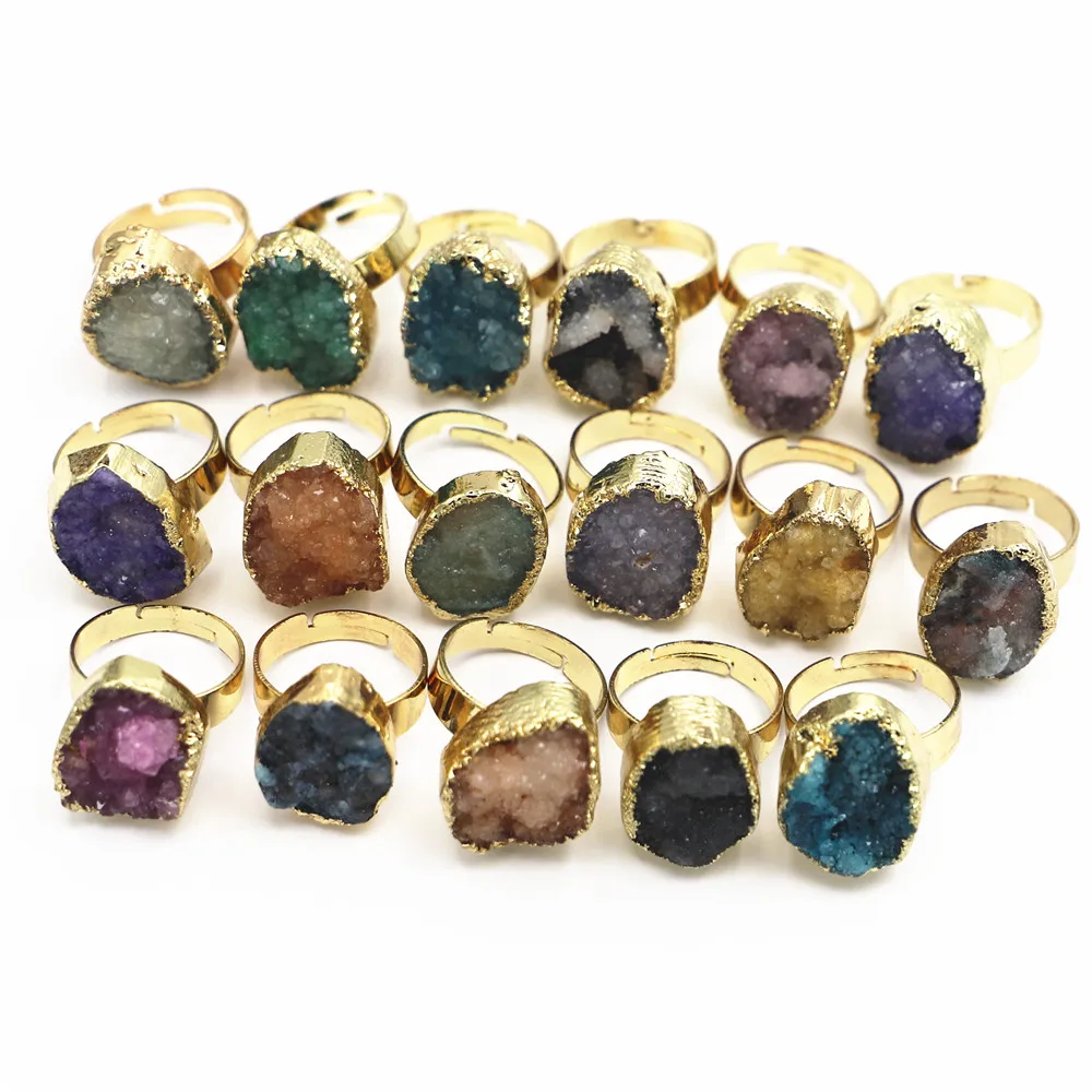 Mixed Color Crystal Cluster Natural Stone Gold Face Druzys Men Rings Secret for Women Girls Wedding Party Fashion Jewelry 10PCS