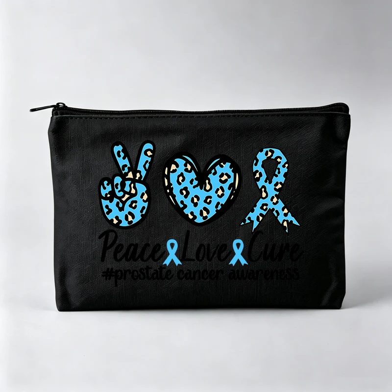 Blue Ribbon & Peace Sign Print Makeup Bag, Slogan Style Cosmetic Pouch for Daily Use