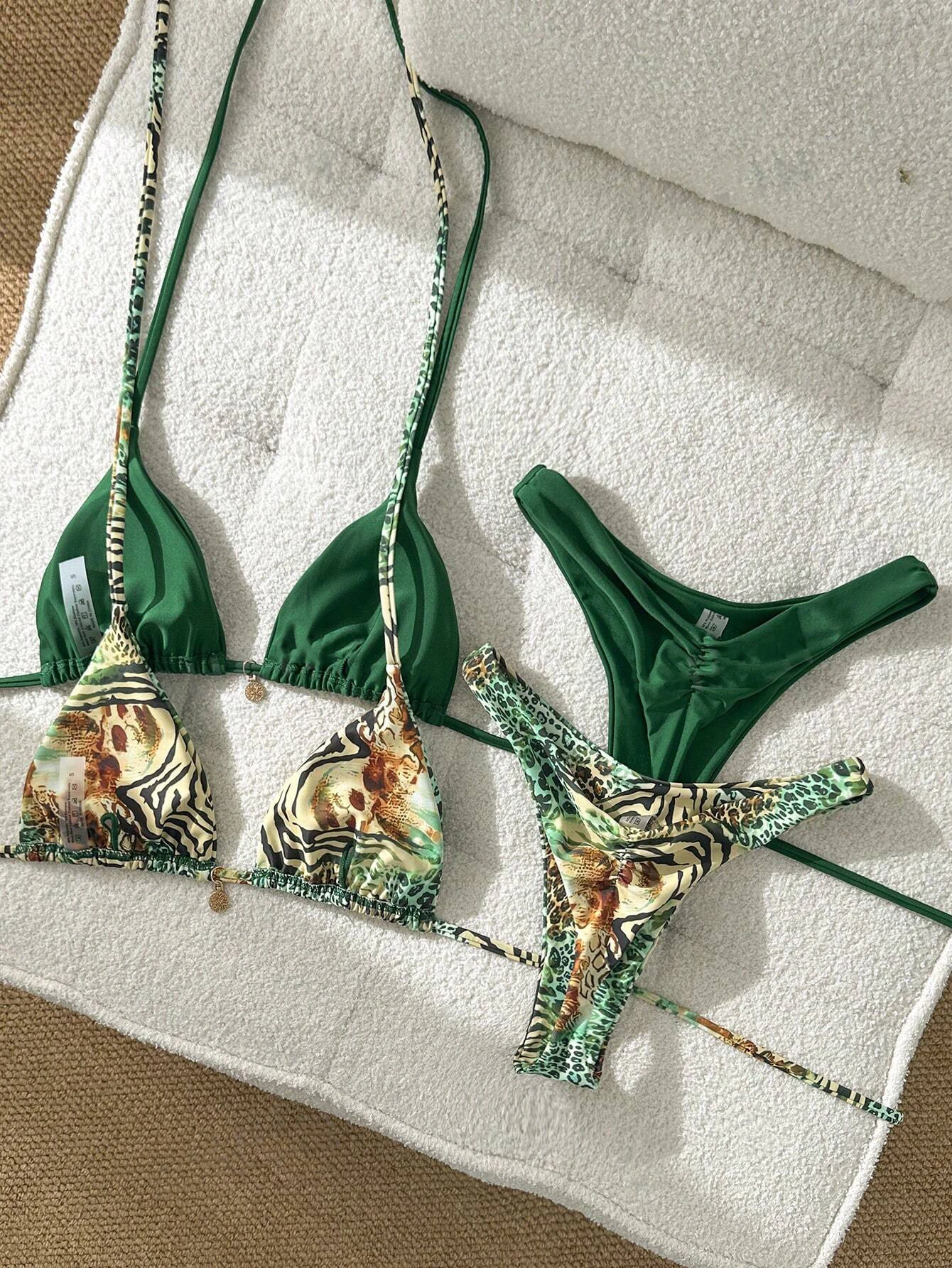 Jungle Leopard Print Contrast Triangle Bikini Set Halter Two‑Piece Swimsuit Women Beach Bathing Suit