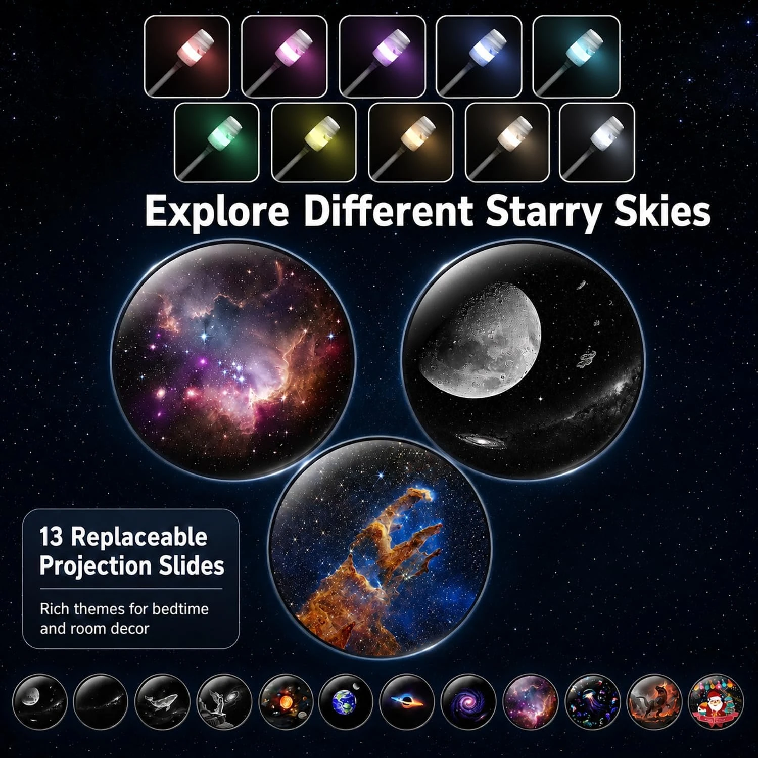 13-in-1 USB Star Projector Night Light, Flexible Gooseneck, 13 changeable Slides, 5 Colors & Gradient, for Bedroom Car Decor
