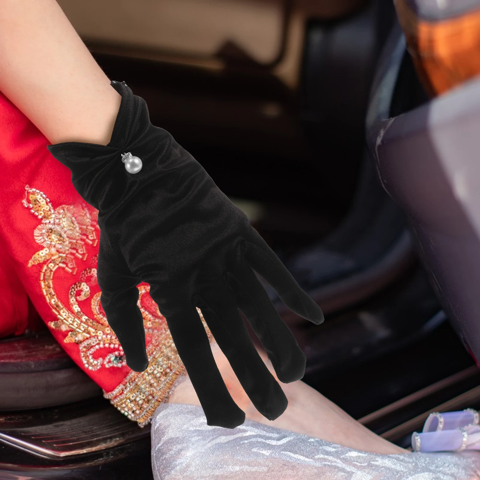 1 زوج قفازات الزفاف الساتان القصيرة للعروس أنيقة اللؤلؤ مزين طول المعصم ثوب مسائي رسمي اكسسوارات فستان أوبرا #5