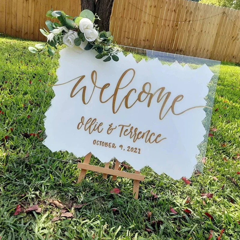 Personalized Wedding Welcome Sign Brushed Back Clear Acrylic Sign Country Garden Wedding Entrance Backdrop Decoration Signboard