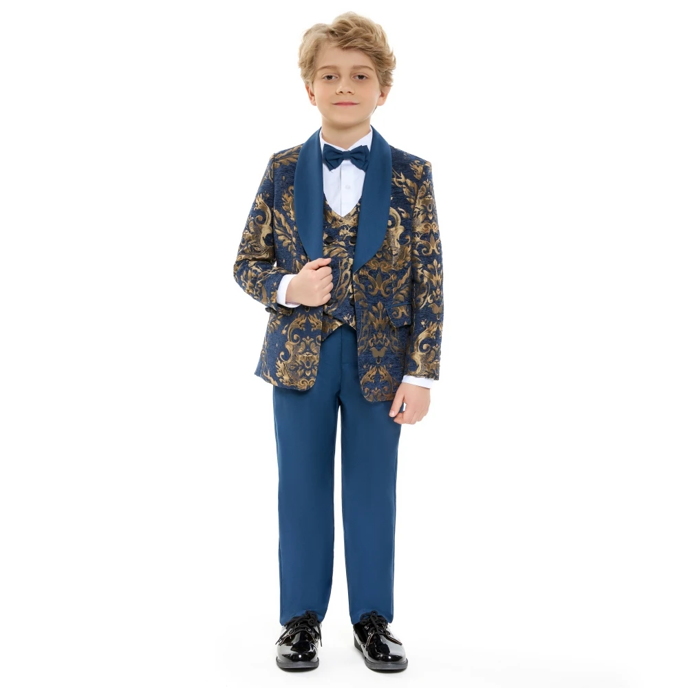 Navy 4 Pieces Suit Set For Formal Occasion Boys' Suits Ring Bearer Outfit for Kids Classic Peak Lapel Slim Fit Child Blazer