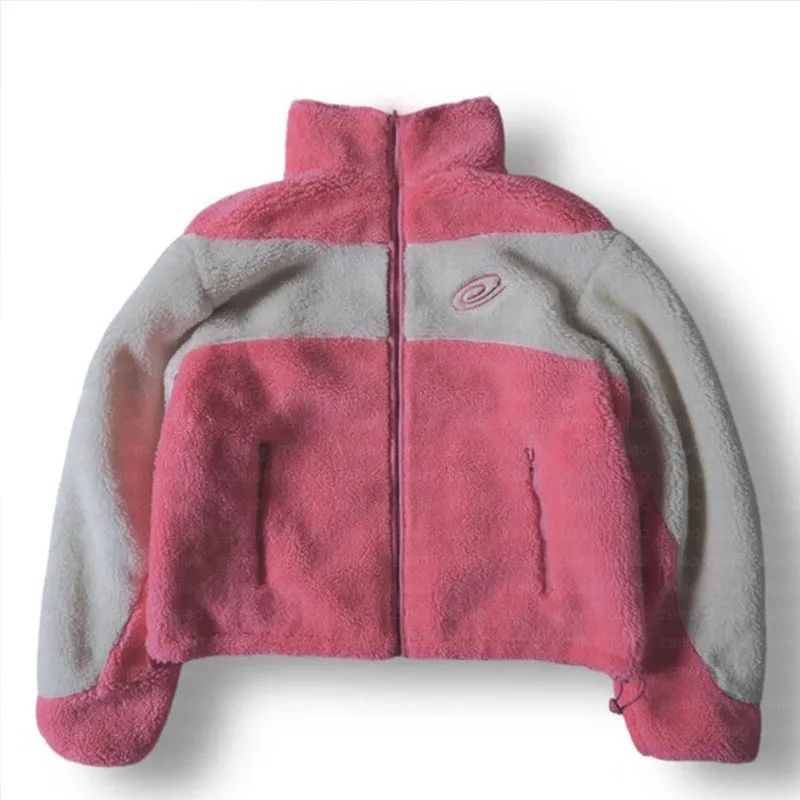 

Y2K Aesthetic Color Matching Embroidery Street Comfortable Polar Fleece Long Sleeve Turtleneck Coat Winter Zipper Loose Warm Top