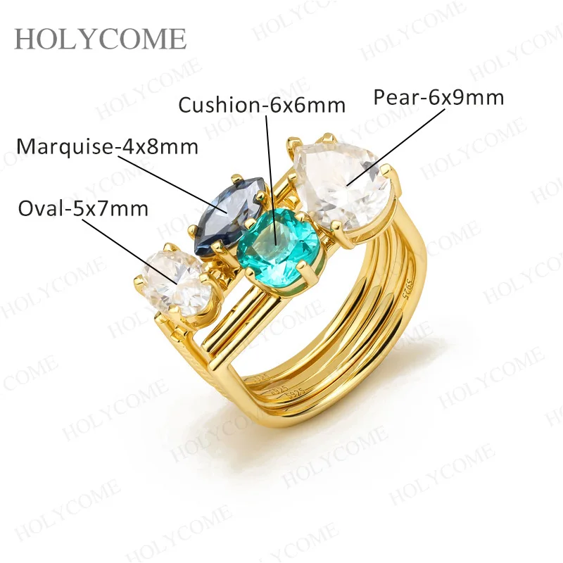 Ring aus S925 Silber, einzigartig, unregelmäßig, stapelbar, mit gemischten Moissaniten und Paraiba-Saphiren, geschichtet, INS Viral Fashion Schmuck – Detail 1