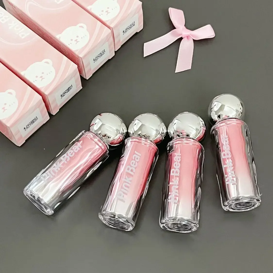 Pinkbear-brillo de labios con esencia de bombilla pequeña, espejo, purring de labios, líneas de labios que se desvanecen, maquillaje de labios rosas de larga duración