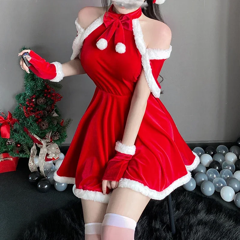 Christmas Sexy Plush Dress Bunny Girl Uniform Cosplay Costume Velvet New Year Red Nightdress Role Play Outfits Underwear Girl