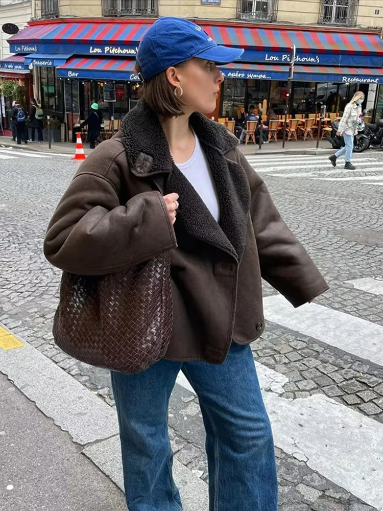 SLTNX moda mujer chaquetas gruesas de piel sintética mujeres 2024 invierno mezclas de lana abrigos elegantes solapa Pu felpa nuevo en prendas de vestir exteriores